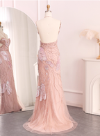 Dreamy Pink Mermaid Spaghetti Strap Open Back Beaded Sequin Tulle Long Formal Prom Dress