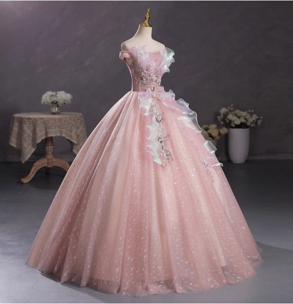 Dreamy Pink Off-Shoulder 3D Floral Iridescent Tulle Ball Gown Prom Dress Sweet 16 Dress Secondary image