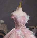 Dreamy Pink Off-Shoulder 3D Floral Iridescent Tulle Ball Gown Prom Dress Sweet 16 Dress