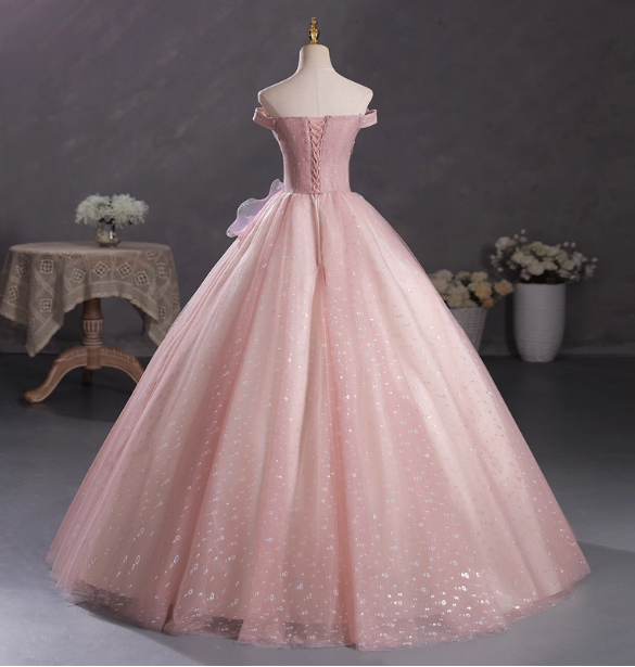 Dreamy Pink Off-Shoulder 3D Floral Iridescent Tulle Ball Gown Prom Dress Sweet 16 Dress