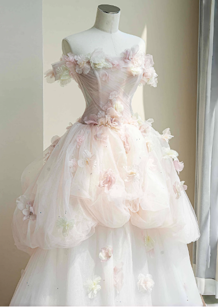 Dreamy Pink-White Off-The-Shoulder 3D Floral Tulle Long Ball Gown Prom Dress Sweet 16 Dress