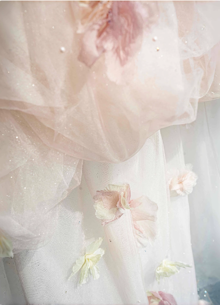 Dreamy Pink-White Off-The-Shoulder 3D Floral Tulle Long Ball Gown Prom Dress Sweet 16 Dress