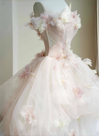 Dreamy Pink-White Off-The-Shoulder 3D Floral Tulle Long Ball Gown Prom Dress Sweet 16 Dress
