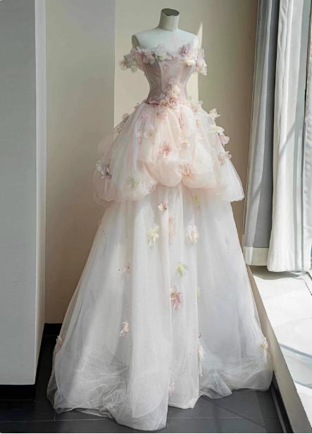 Dreamy Pink-White Off-The-Shoulder 3D Floral Tulle Long Ball Gown Prom Dress Sweet 16 Dress Main image