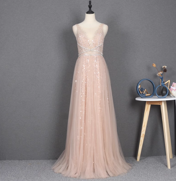 Dreamy Princess A-Line V-Neck Train Sequin Tulle Formal Prom Dress