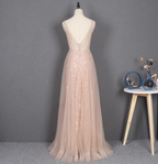 Dreamy Princess A-Line V-Neck Train Sequin Tulle Formal Prom Dress