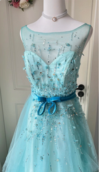 Dreamy Princess Blue A-Line Round Neck Sequined Tulle Long Formal Prom Dress