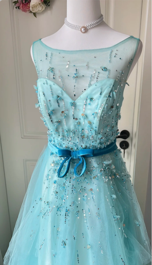 Dreamy Princess Blue A-Line Round Neck Sequined Tulle Long Formal Prom Dress