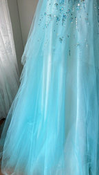 Dreamy Princess Blue A-Line Round Neck Sequined Tulle Long Formal Prom Dress