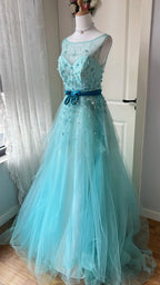 Dreamy Princess Blue A-Line Round Neck Sequined Tulle Long Formal Prom Dress
