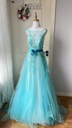 Dreamy Princess Blue A-Line Round Neck Sequined Tulle Long Formal Prom Dress