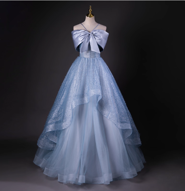 Dreamy Princess Blue Off-Shoulder Oversized Bow Tulle Long Ball Gown Prom Dress Sweet 16 Dress Secondary image