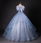 Dreamy Princess Blue Off-Shoulder Oversized Bow Tulle Long Ball Gown Prom Dress Sweet 16 Dress