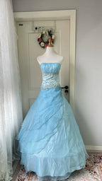 Dreamy Princess Blue Strapless Embroidered Tulle Ball Gown Prom Dress Sweet 16Th Birthday Dress