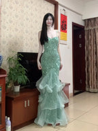 Dreamy Princess Mint Green Mermaid Spaghetti Strap Backless Sequined Long Formal Prom Dress