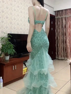 Dreamy Princess Mint Green Mermaid Spaghetti Strap Backless Sequined Long Formal Prom Dress
