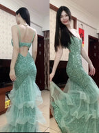 Dreamy Princess Mint Green Mermaid Spaghetti Strap Backless Sequined Long Formal Prom Dress