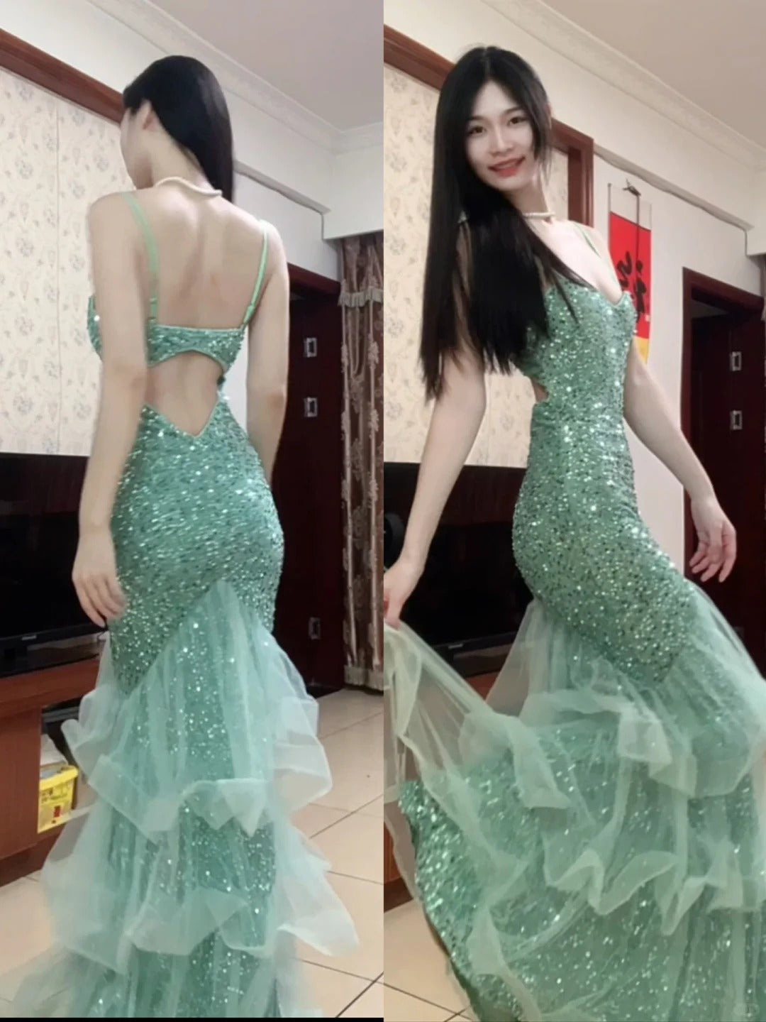 Dreamy Princess Mint Green Mermaid Spaghetti Strap Backless Sequined Long Formal Prom Dress