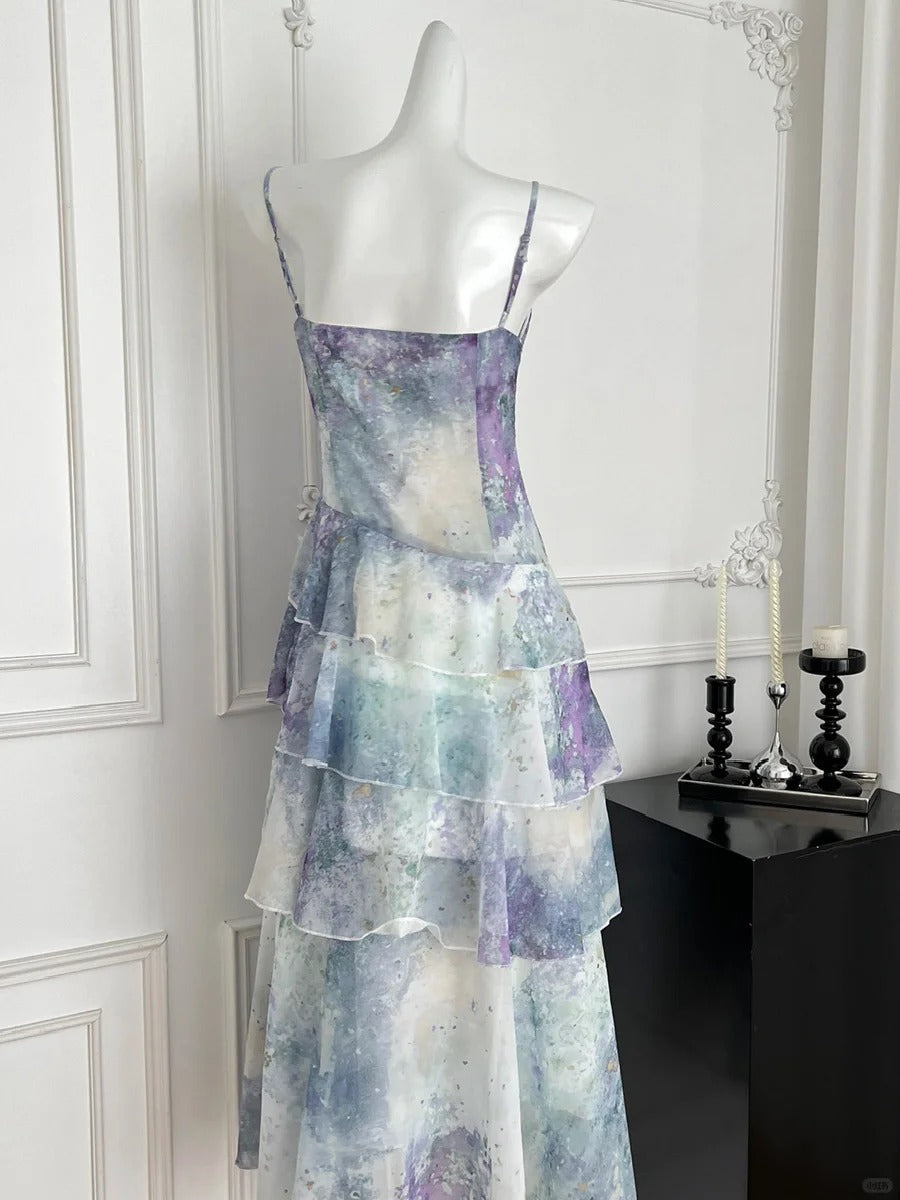 Dreamy Purple And Blue Gradient A-Line Spaghetti Strap Cake Chiffon Long Formal Prom Dress