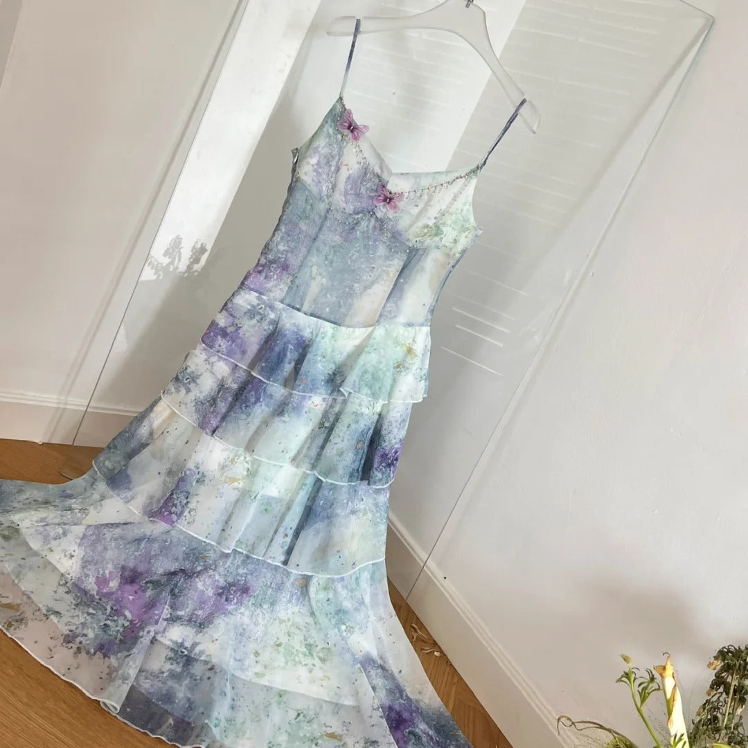 Dreamy Purple And Blue Gradient A-Line Spaghetti Strap Cake Chiffon Long Formal Prom Dress