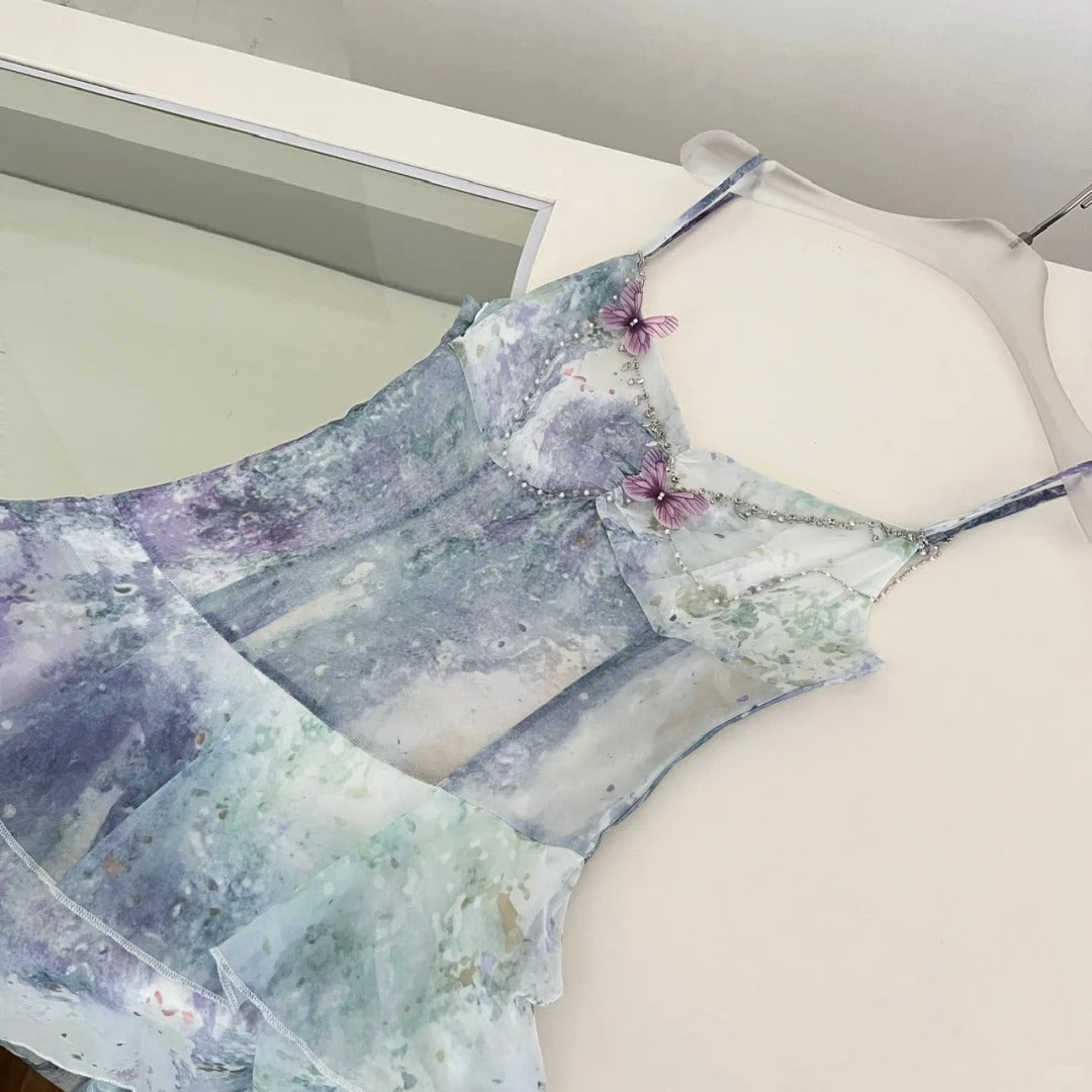 Dreamy Purple And Blue Gradient A-Line Spaghetti Strap Cake Chiffon Long Formal Prom Dress