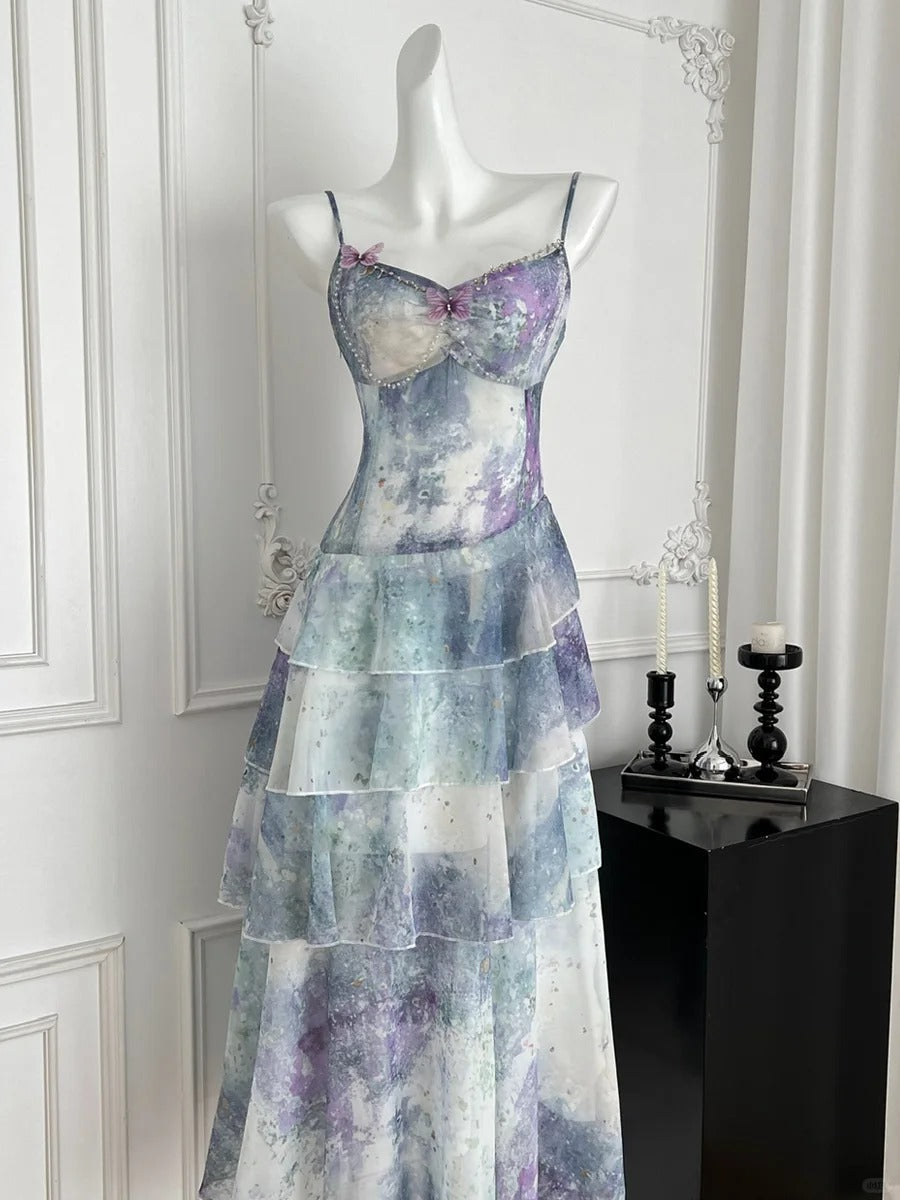 Dreamy Purple And Blue Gradient A-Line Spaghetti Strap Cake Chiffon Long Formal Prom Dress