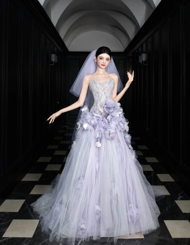 Dreamy Purple Strapless 3D Floral Tulle Train Ball Gown Prom Dress