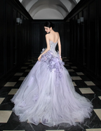 Dreamy Purple Strapless 3D Floral Tulle Train Ball Gown Prom Dress