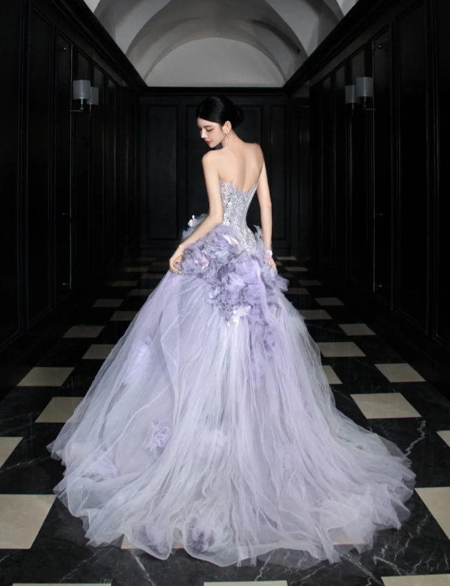 Dreamy Purple Strapless 3D Floral Tulle Train Ball Gown Prom Dress