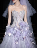Dreamy Purple Strapless 3D Floral Tulle Train Ball Gown Prom Dress