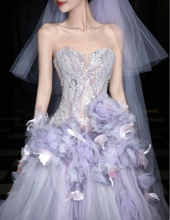 Dreamy Purple Strapless 3D Floral Tulle Train Ball Gown Prom Dress