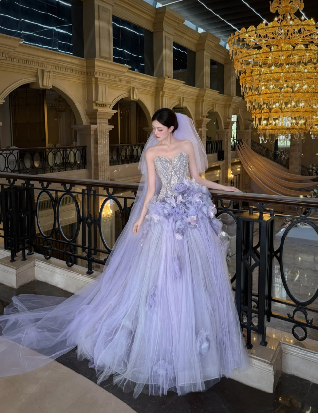 Dreamy Purple Strapless 3D Floral Tulle Train Ball Gown Prom Dress