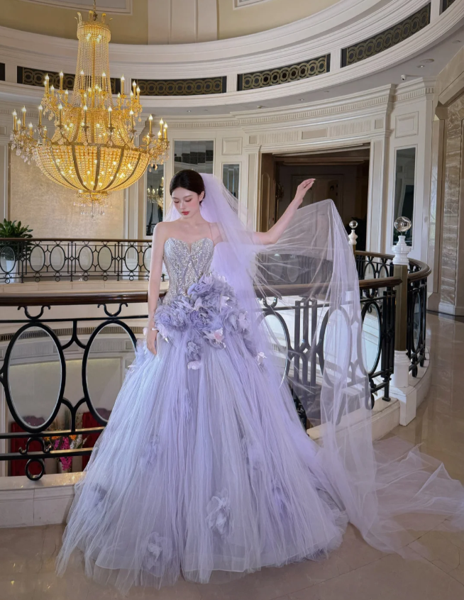 Dreamy Purple Strapless 3D Floral Tulle Train Ball Gown Prom Dress