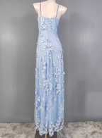 Dreamy Sky Blue A-Line Spaghetti Strap Deep V 3D Floral Tulle Long Formal Prom Dress