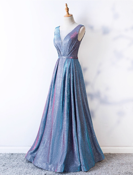 Dreamy Starry Sky Gradient Purple-Blue V-Neck Satin Long Formal Prom Dress