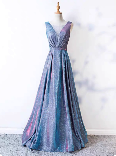 Dreamy Starry Sky Gradient Purple-Blue V-Neck Satin Long Formal Prom Dress Main image