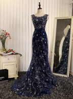 Dreamy Starry Sky Navy Blue A-Line Crew Neck Star-Patterned Tulle Train Formal Prom Dress