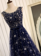 Dreamy Starry Sky Navy Blue A-Line Crew Neck Star-Patterned Tulle Train Formal Prom Dress