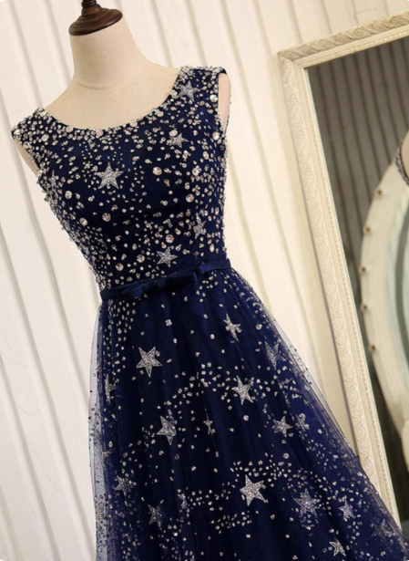Dreamy Starry Sky Navy Blue A-Line Crew Neck Star-Patterned Tulle Train Formal Prom Dress