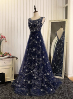 Dreamy Starry Sky Navy Blue A-Line Crew Neck Star-Patterned Tulle Train Formal Prom Dress