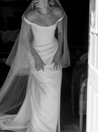 Dreamy Wedding Dresses Sheath Off The Shoulder White Satin Summer Long Wedding Dress Bridal Gown