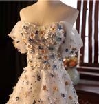 Dreamy White A-Line Off-The-Shoulder 3D Floral Sequined Tulle Long Formal Prom Dress