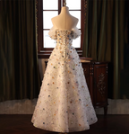 Dreamy White A-Line Off-The-Shoulder 3D Floral Sequined Tulle Long Formal Prom Dress