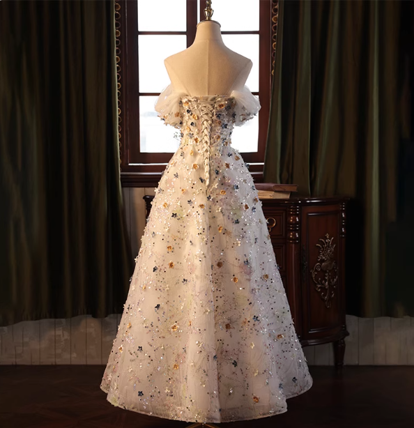 Dreamy White A-Line Off-The-Shoulder 3D Floral Sequined Tulle Long Formal Prom Dress
