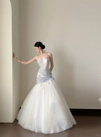 Dreamy White And Blue Gradient A-Line Strapless Tulle Long Formal Prom Dress Wedding Dress