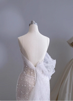 Dreamy White Mermaid Spaghetti Strap Open Back Tulle Train Formal Prom Dress