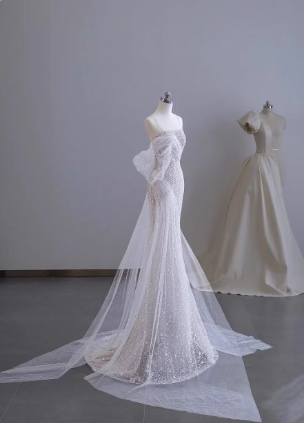 Dreamy White Mermaid Spaghetti Strap Open Back Tulle Train Formal Prom Dress