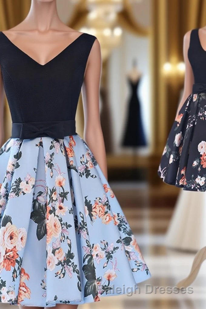 Cute V-Neck Floral Prom Dresses, A-Line Homecoming Dresses Main image