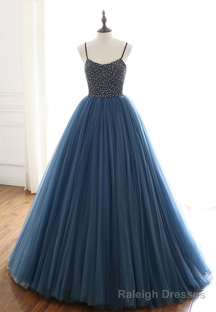 Blue Tulle Long Prom Dresses, A-Line Evening Dresses with Beading Main image