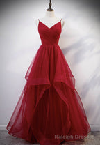 Burgundy Tulle Long Prom Dresses, V-Neck Evening Dress
